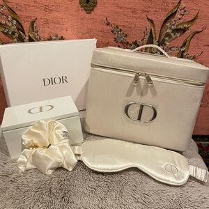 Dior Cream Vanity Case Set with Cotton Case, Sleep Mask & Scrunchie